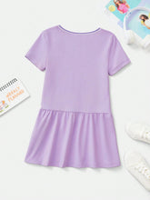 Young Girl Cute Cartoon Printed Round Neck Short Sleeve Dress, Purple Dreamy And Sweet With Ruffled Hem, Summer,Sporty
